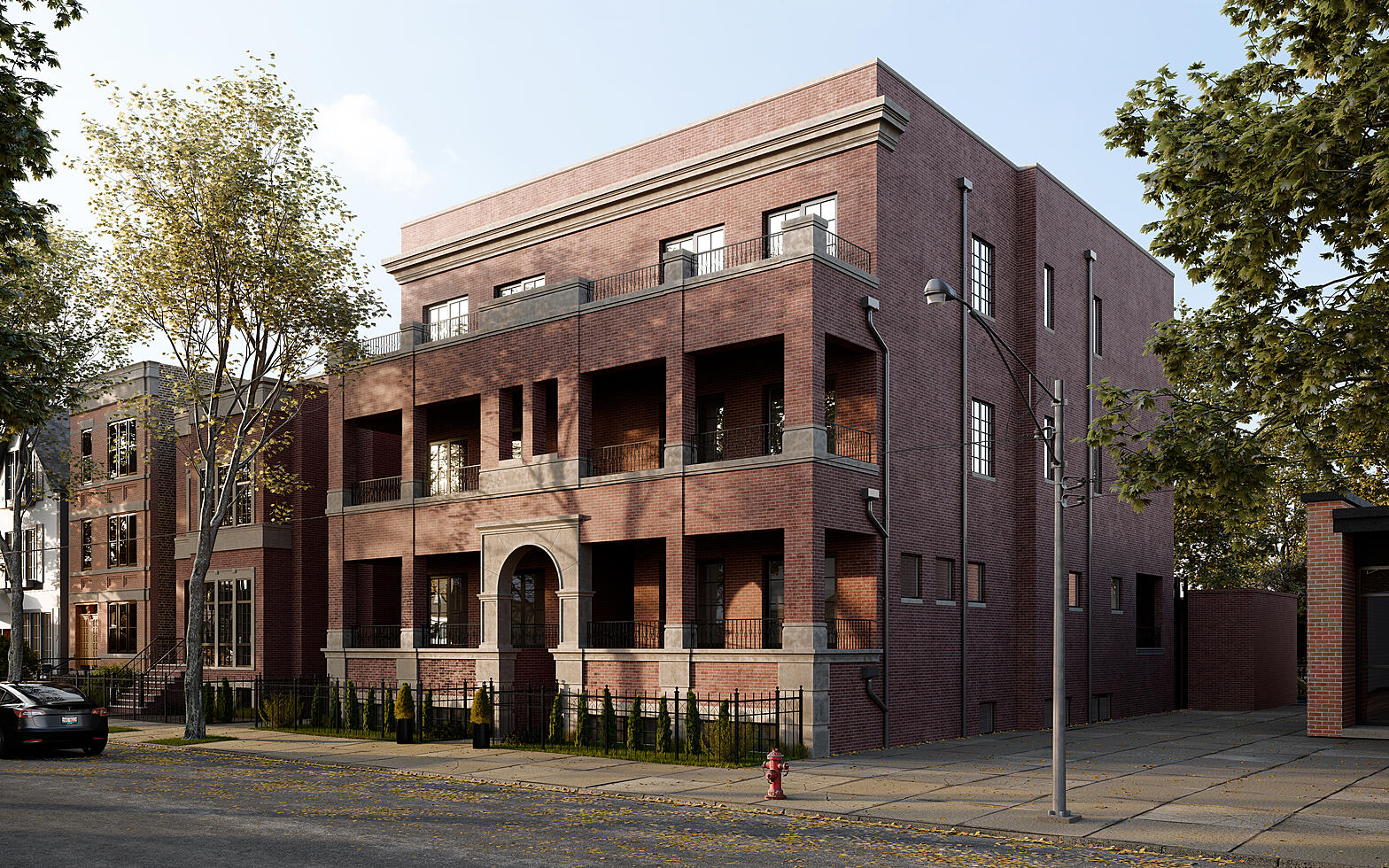 3d exterior rendering of the brick building with terrace