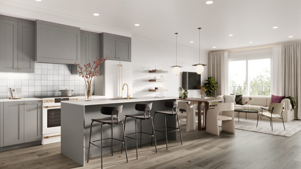 3D interior rendering of kitchen, dining room, and leaving space with natural light