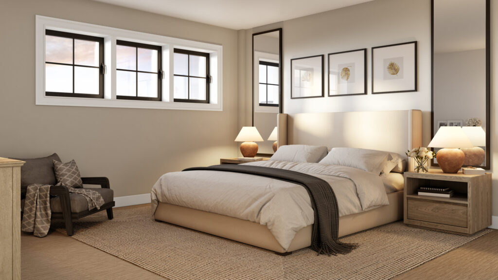 3D interior visualization of bedroom with cabins and armchair