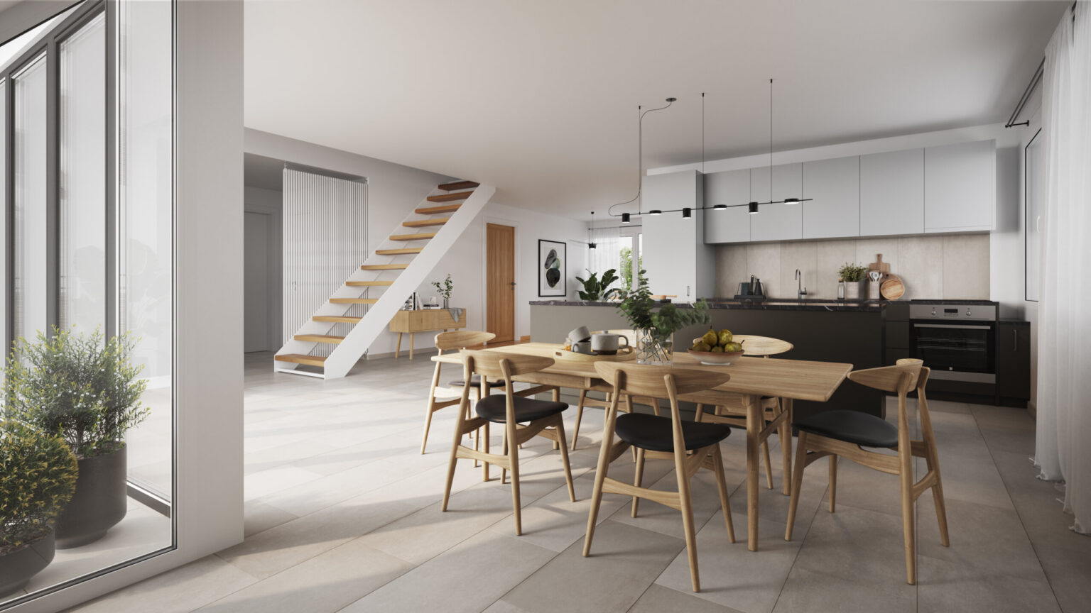 White kitchen in modern style with wood details and stairs