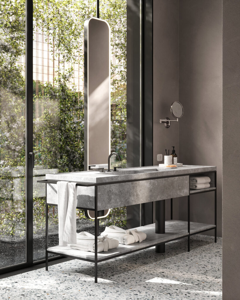 Bathroom with glass wall in front of greens with sink and mirror in grey color