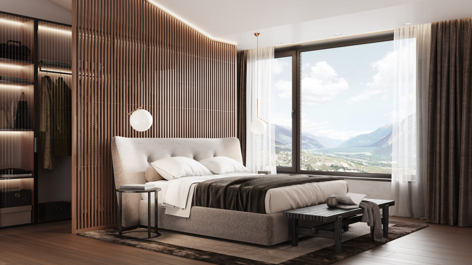bedroom of a house in brown color with a view of the Swiss Alps