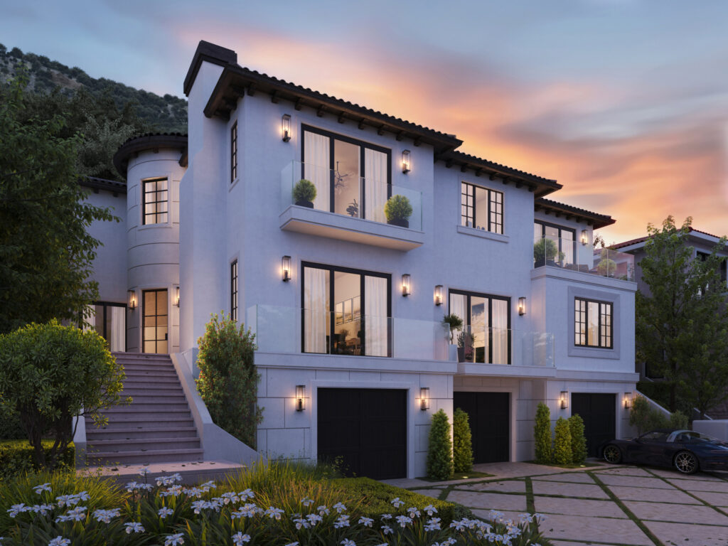 Luxury house architectural render in sunset
