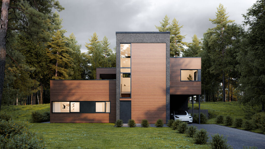 Modern style architectural rendering of a house in green area