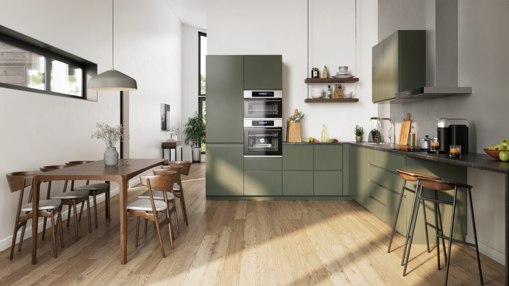 Green kitchen in modern style with small window and kitchen amenities