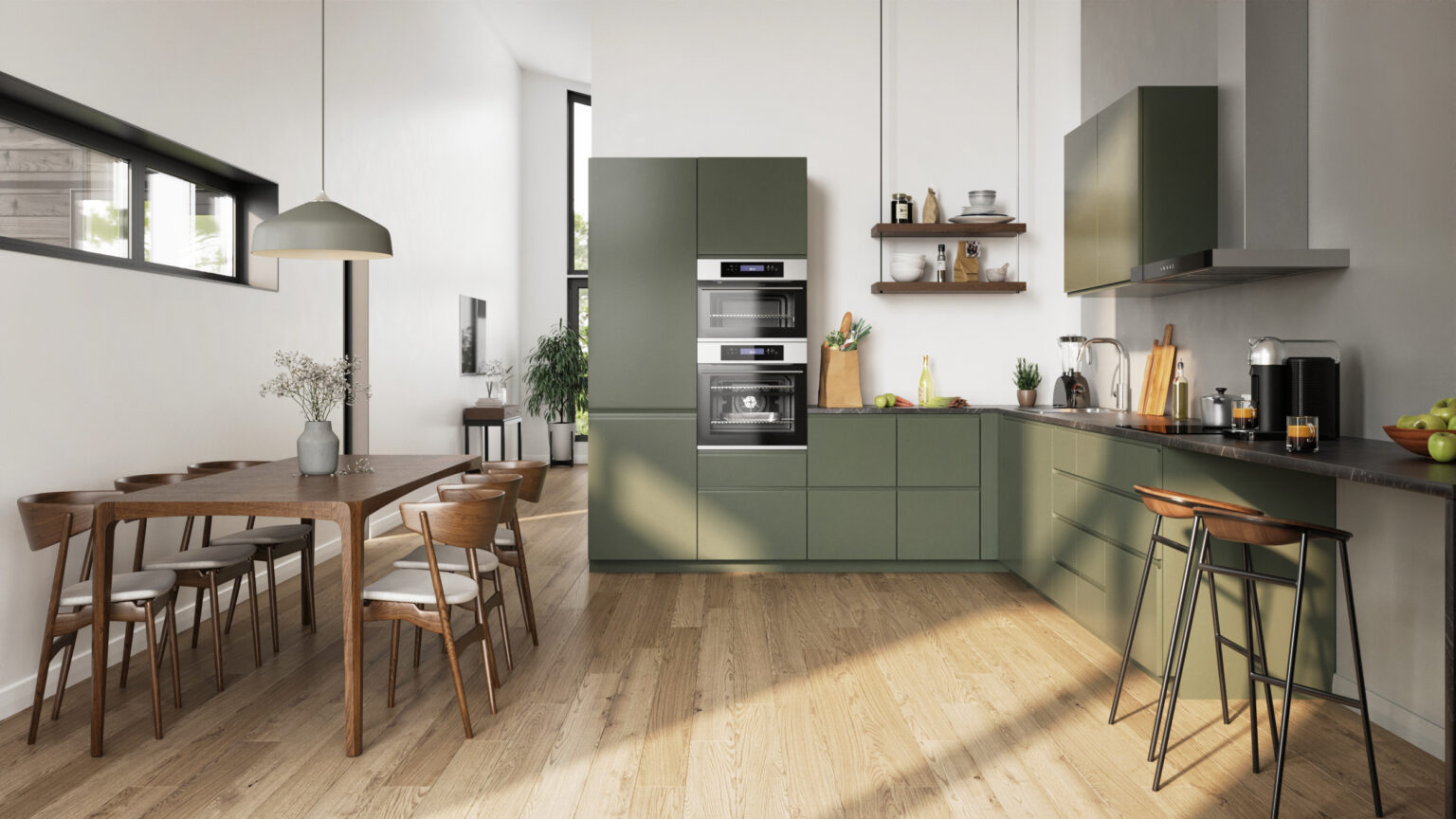 Green kitchen in modern style with small window and kitchen amenities
