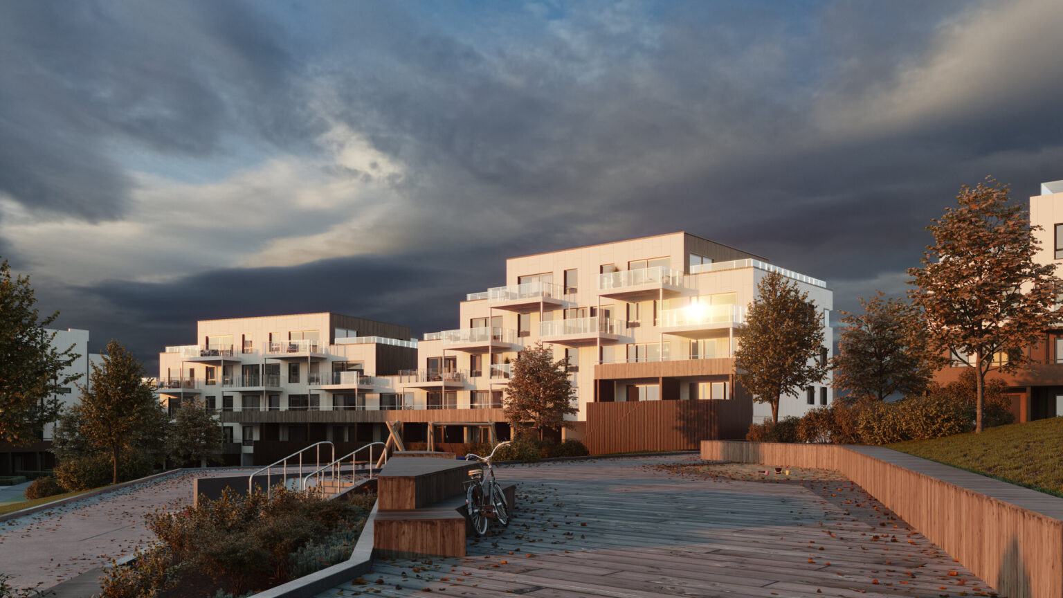 Futuristic style villas render on the sunset