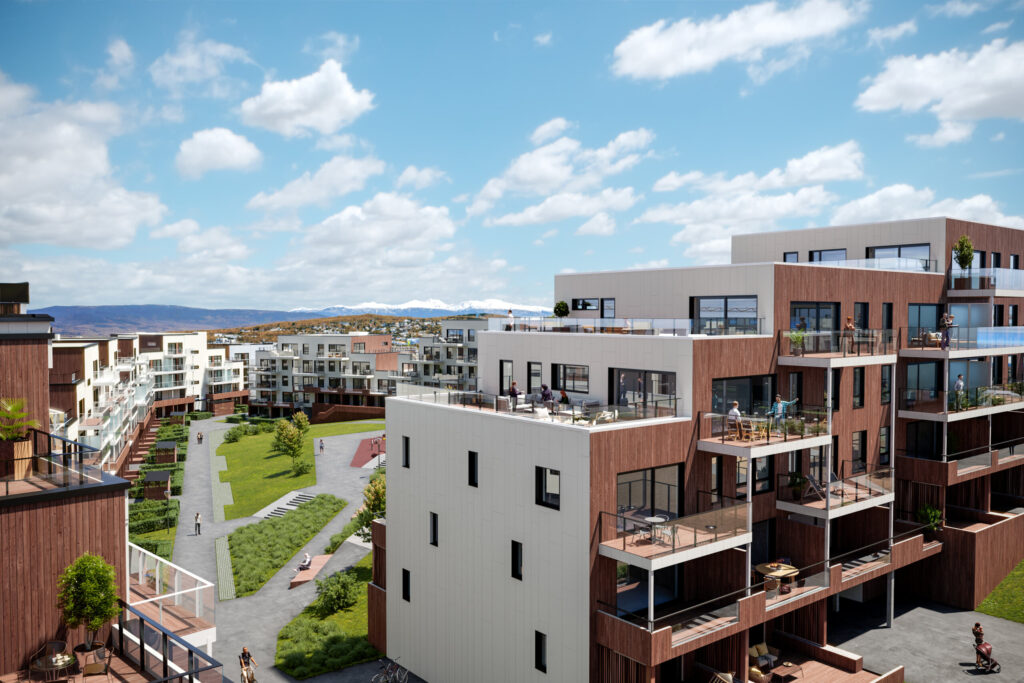 Houses complex render in the daylight with people