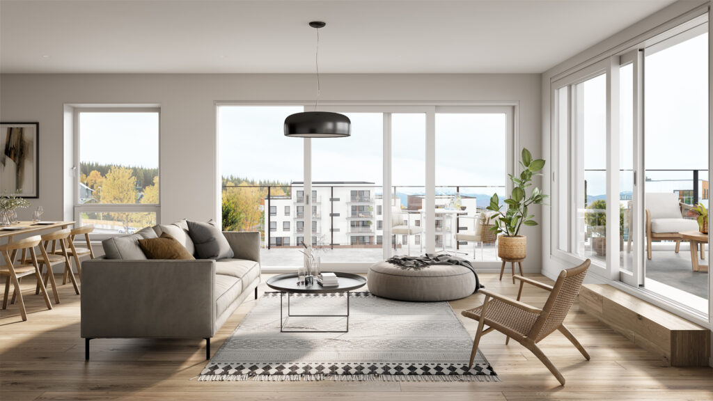 living room of a house in white color with a view of the city