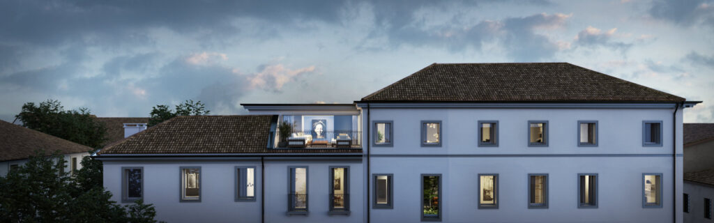 Classic style house render with small windows in twilight