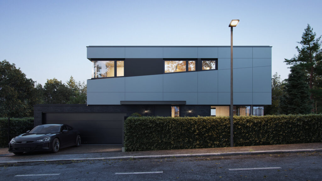 Modern style house visualization in Austria in twilight