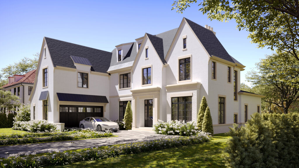 White color classic style house render in Washington with green yard and car