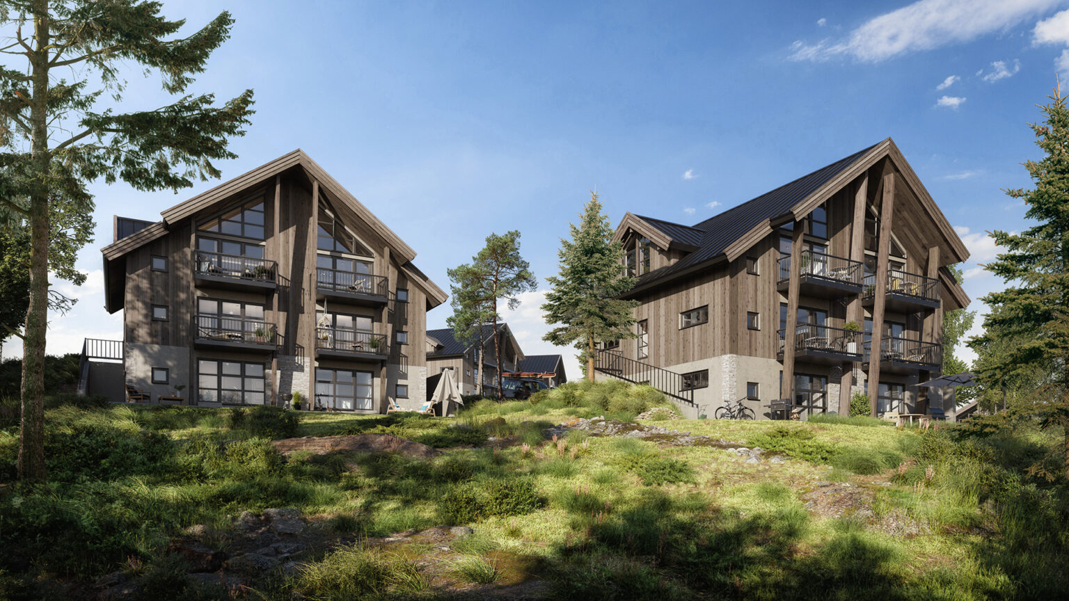 two cottages in grey color render in the forest