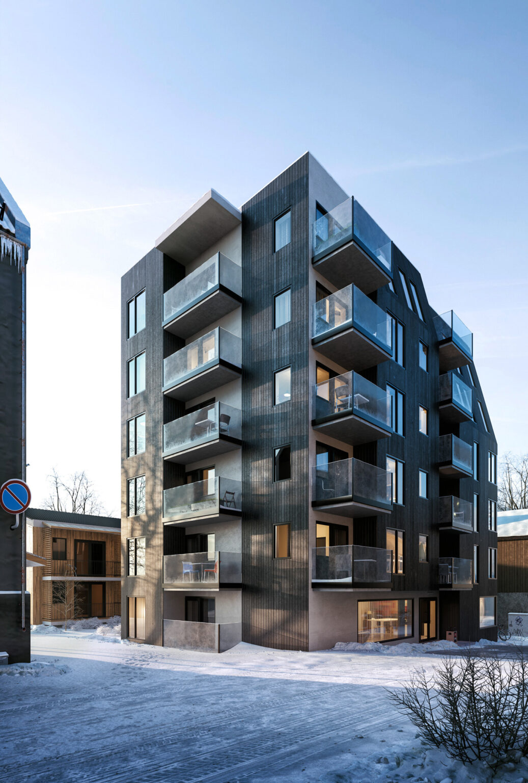 hight stored house in black color with glass balcony