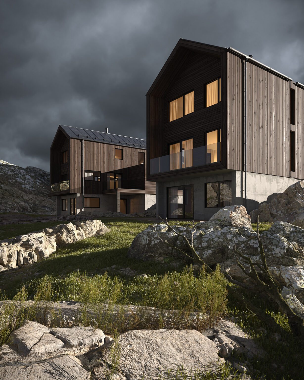 black cottages in grey storm with stones and yard
