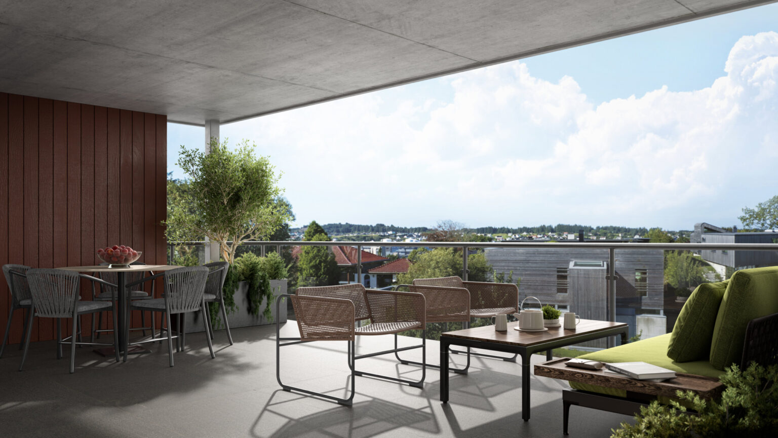 terrace render with green and brown chairs with view on mount