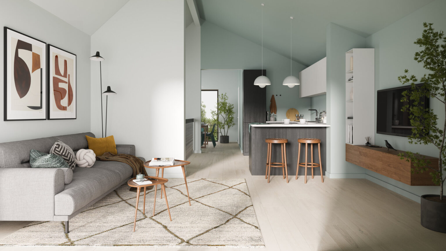 interior render of kitchen in mint color and living room space with grey couch