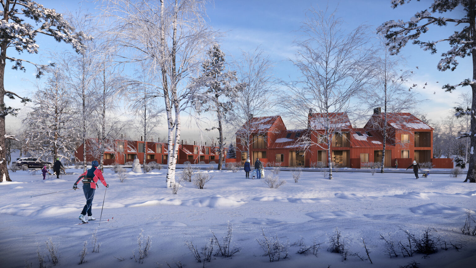 winter beauty with streets full of snow and red buildings behind