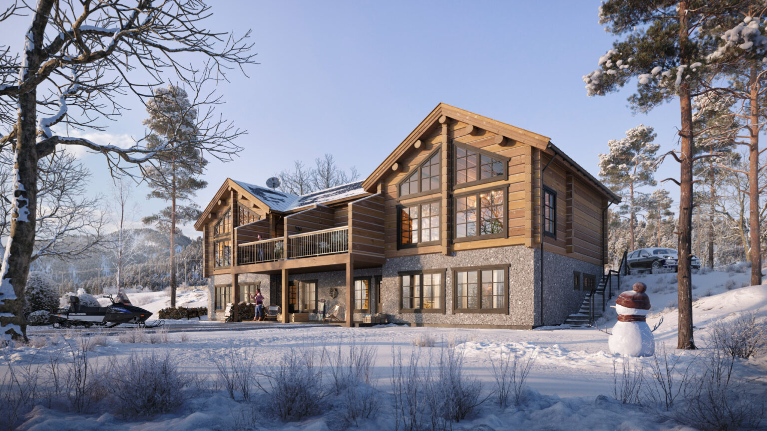 Cottage with large windows in the middle of the winter forest with a snowman and trees in the snow