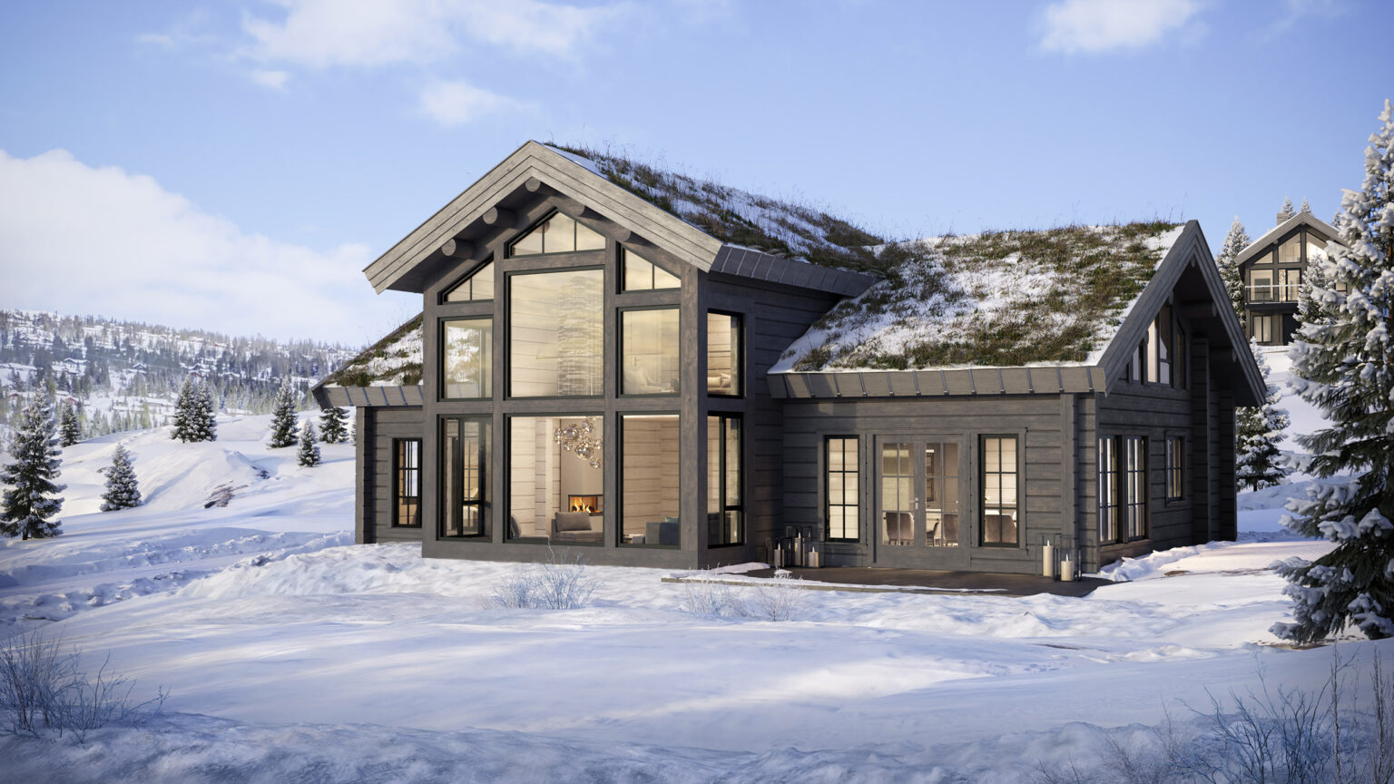black cottage in the winter with large windows and grass with snow on roof