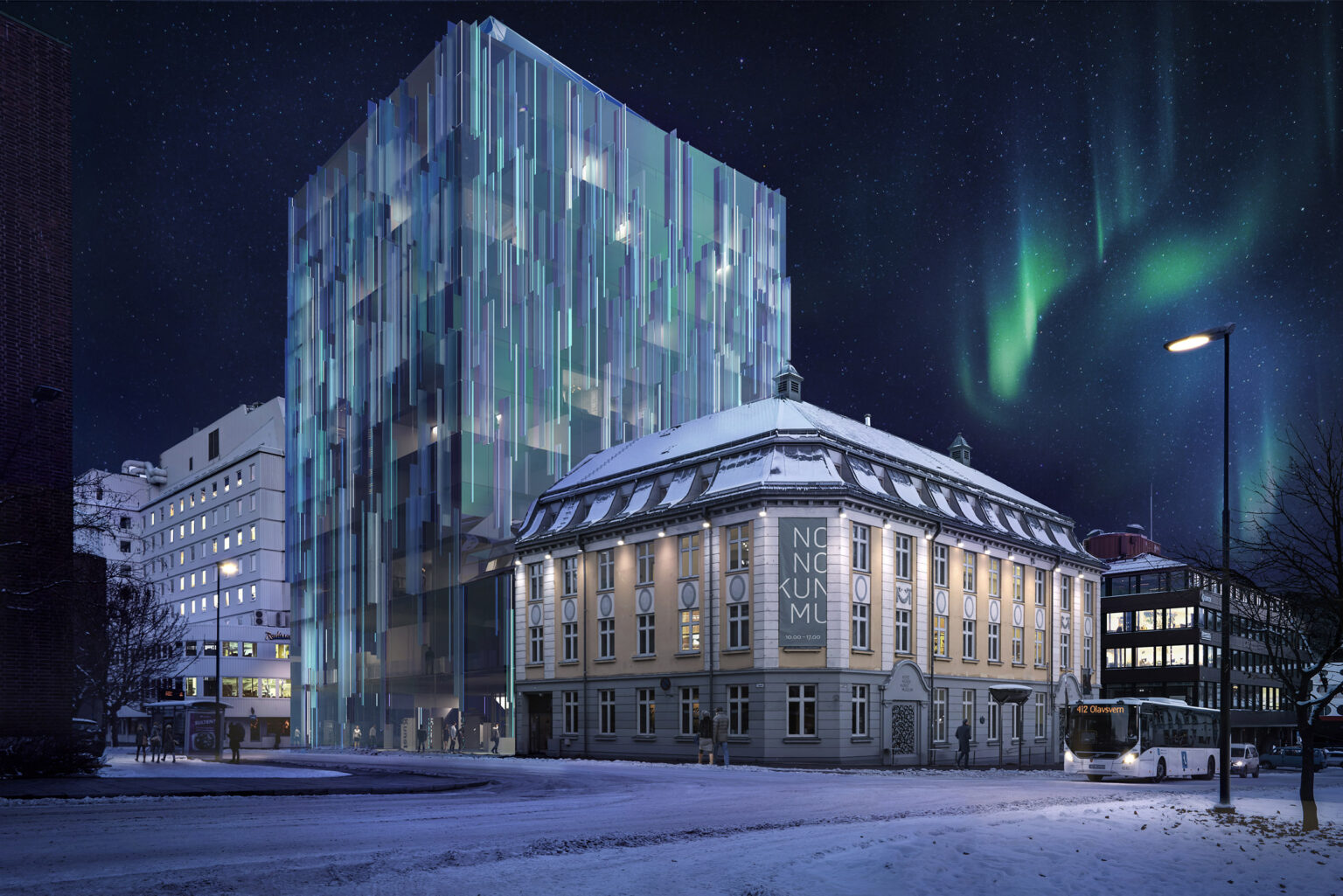 glass building at night with aurora polaris in wintertime