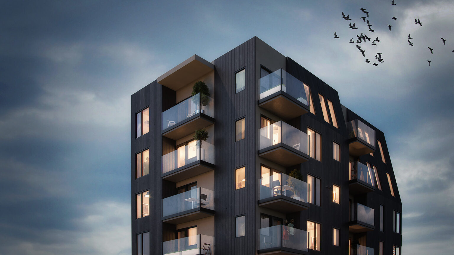 exterior render of top levels of black building in twilight with birds