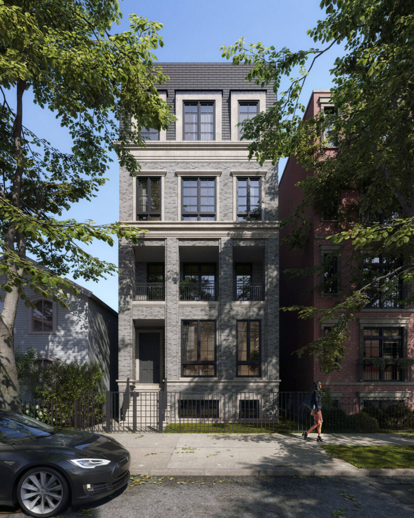 3d exterior rendering of grey house in daylight with car