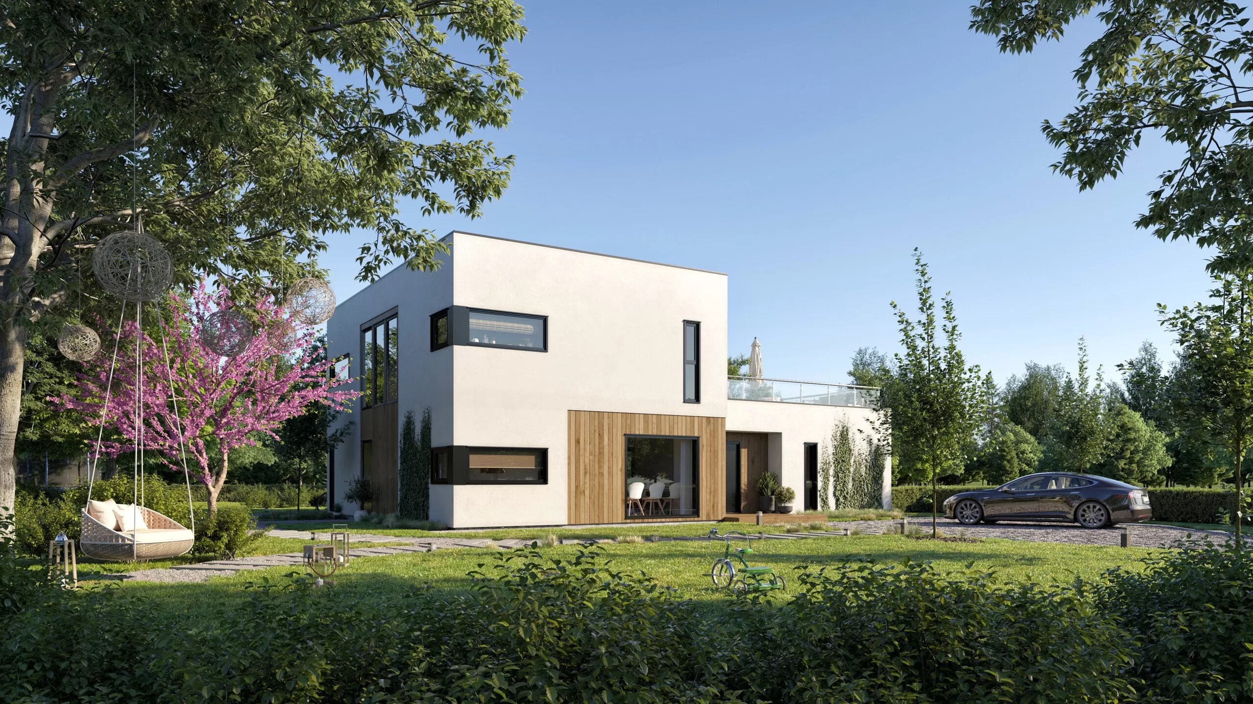 Fotorealistische 3D-Außendarstellung eines Hauses mit grünen Bäumen und Gras