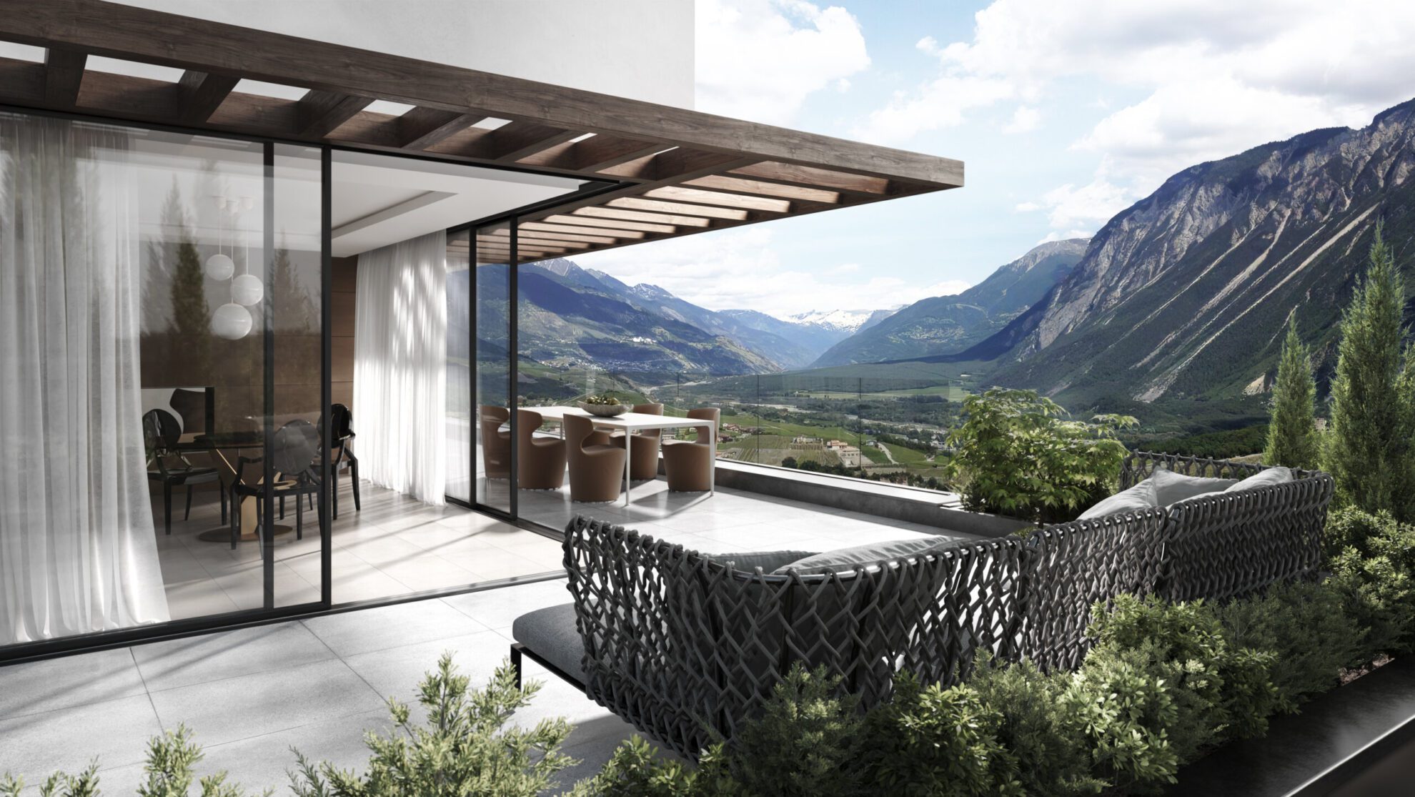 The terrace in modern style with view on Swiss alps