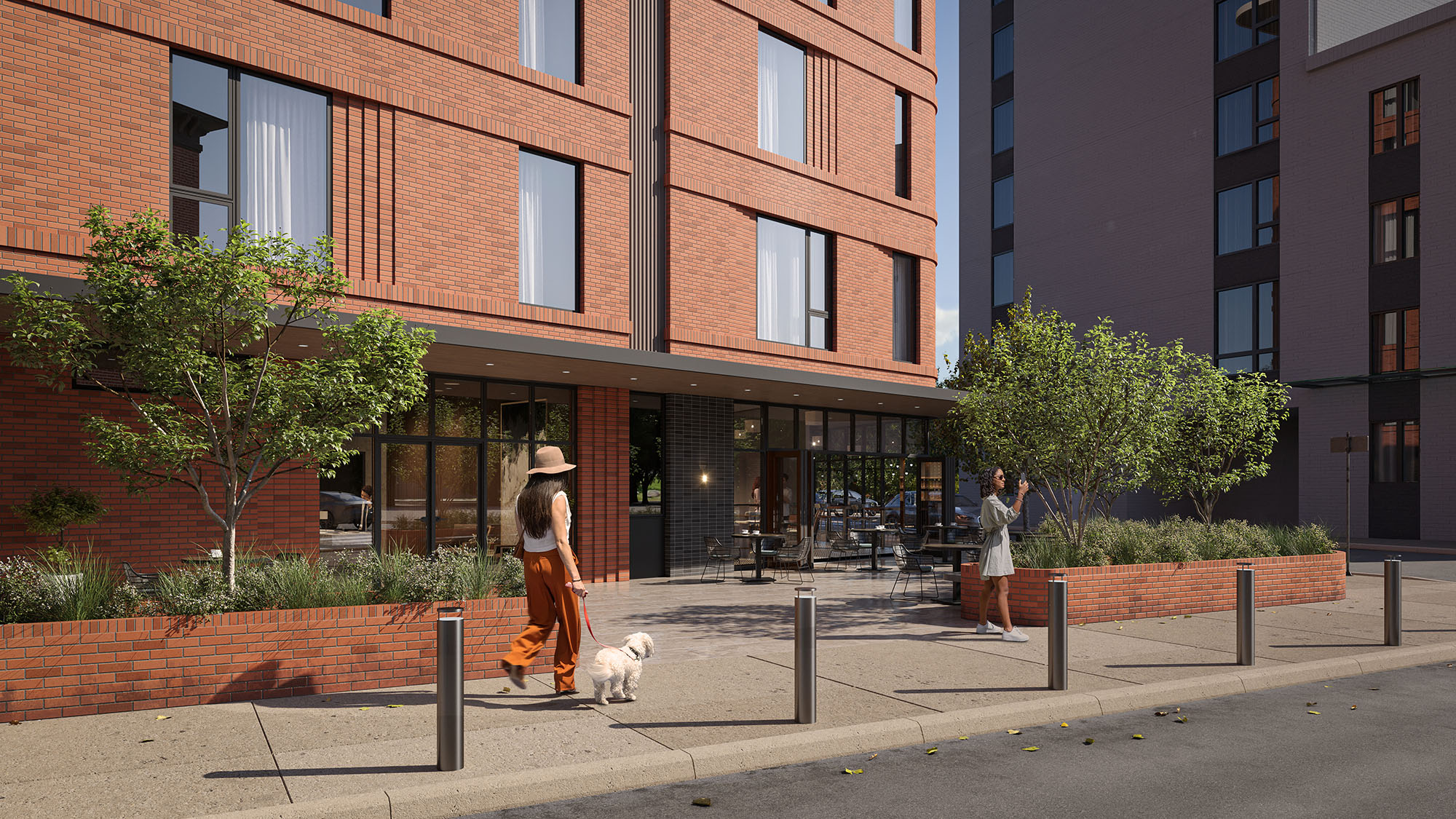 Close-up View woman with dog near building