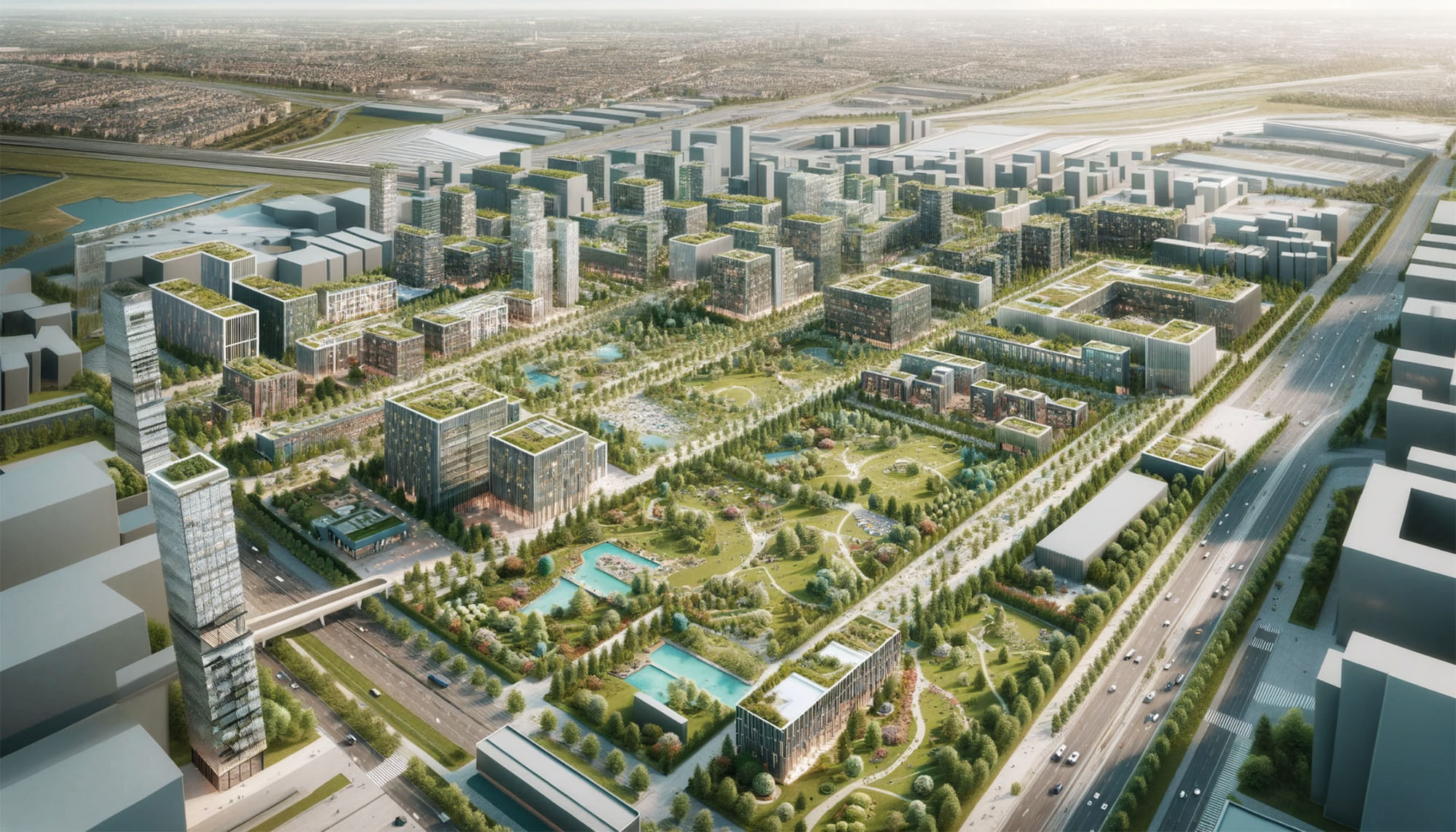 the view to city with skyscrapers parks and pools