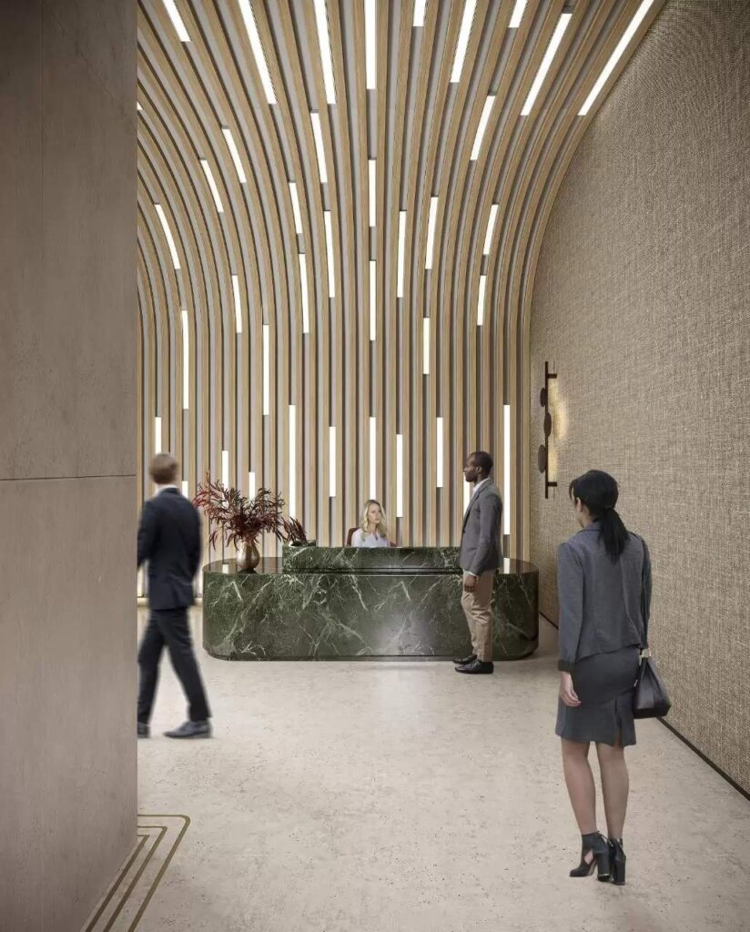 Modern 3D office lobby with marble reception desk.