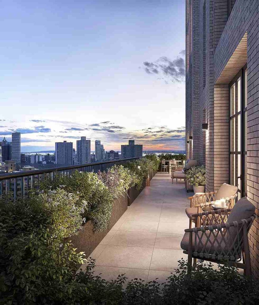 A 3D exterior render of a luxurious New York terrace with plants and city views