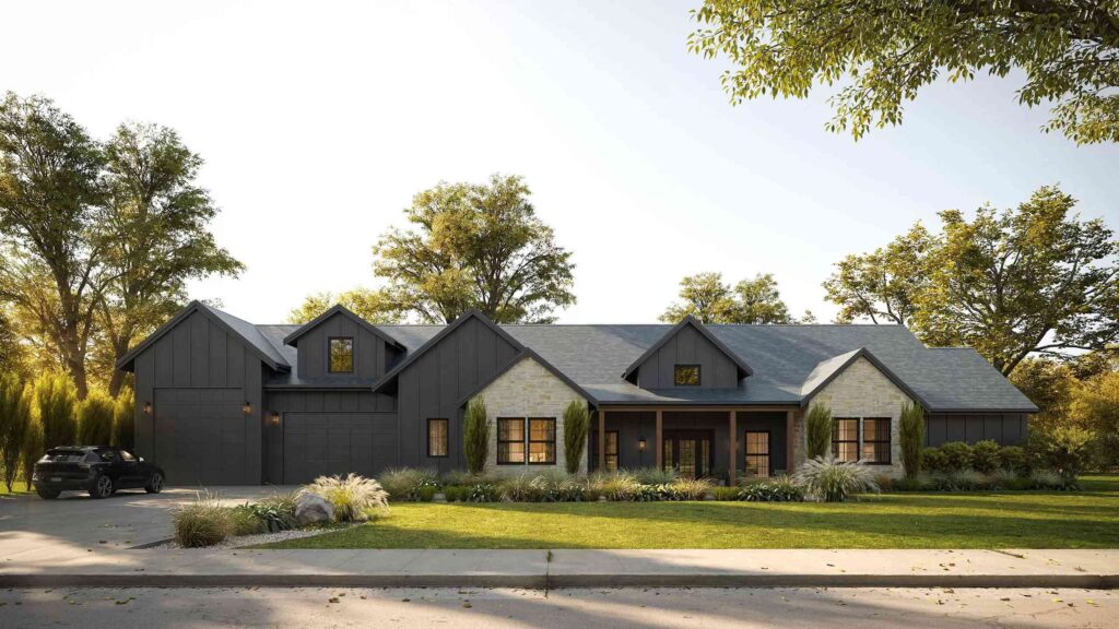 3D rendering of countryside house with trees and front yard