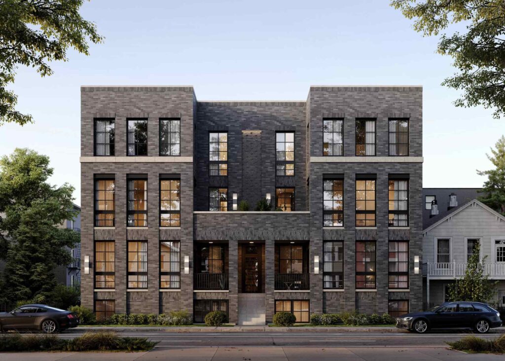 A 3D exterior render of a modern brick building on a city street with cars