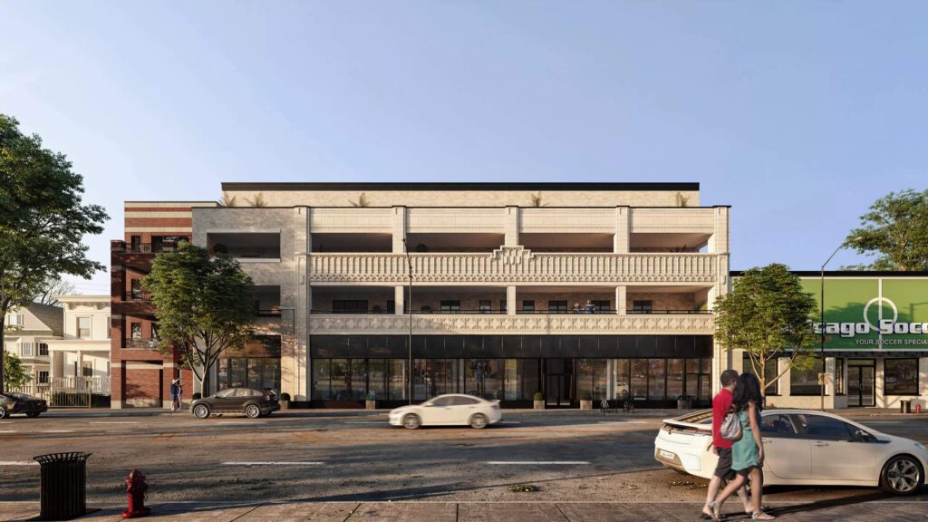 A 3D exterior render of a mixed-use building at Chicago