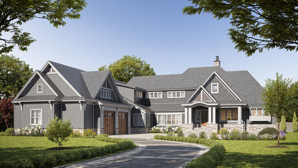 Graues Haus bei Tageslicht mit Vorgarten