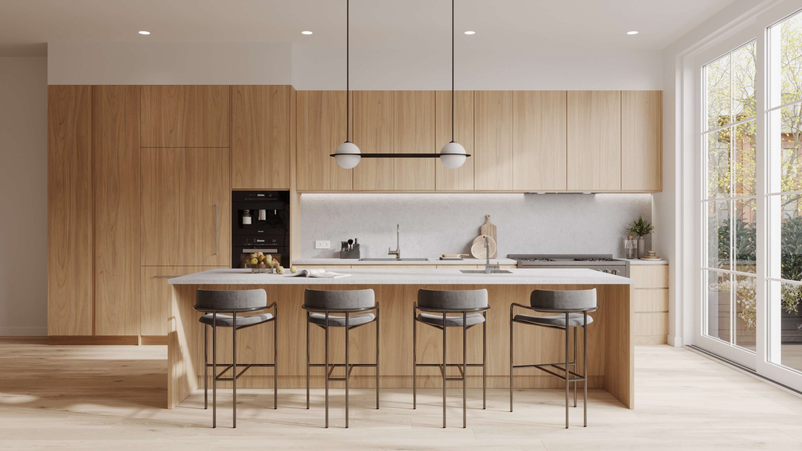 interior render of kitchen with big glass wall