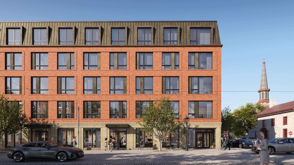 rendering of the building made with red bricks