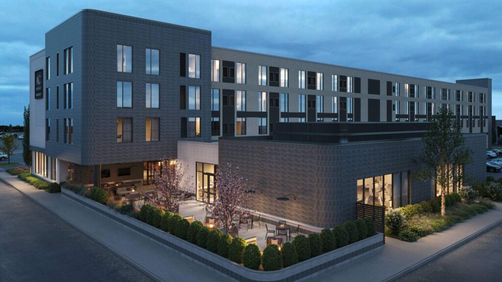 exterior rendering of hotel in the dark