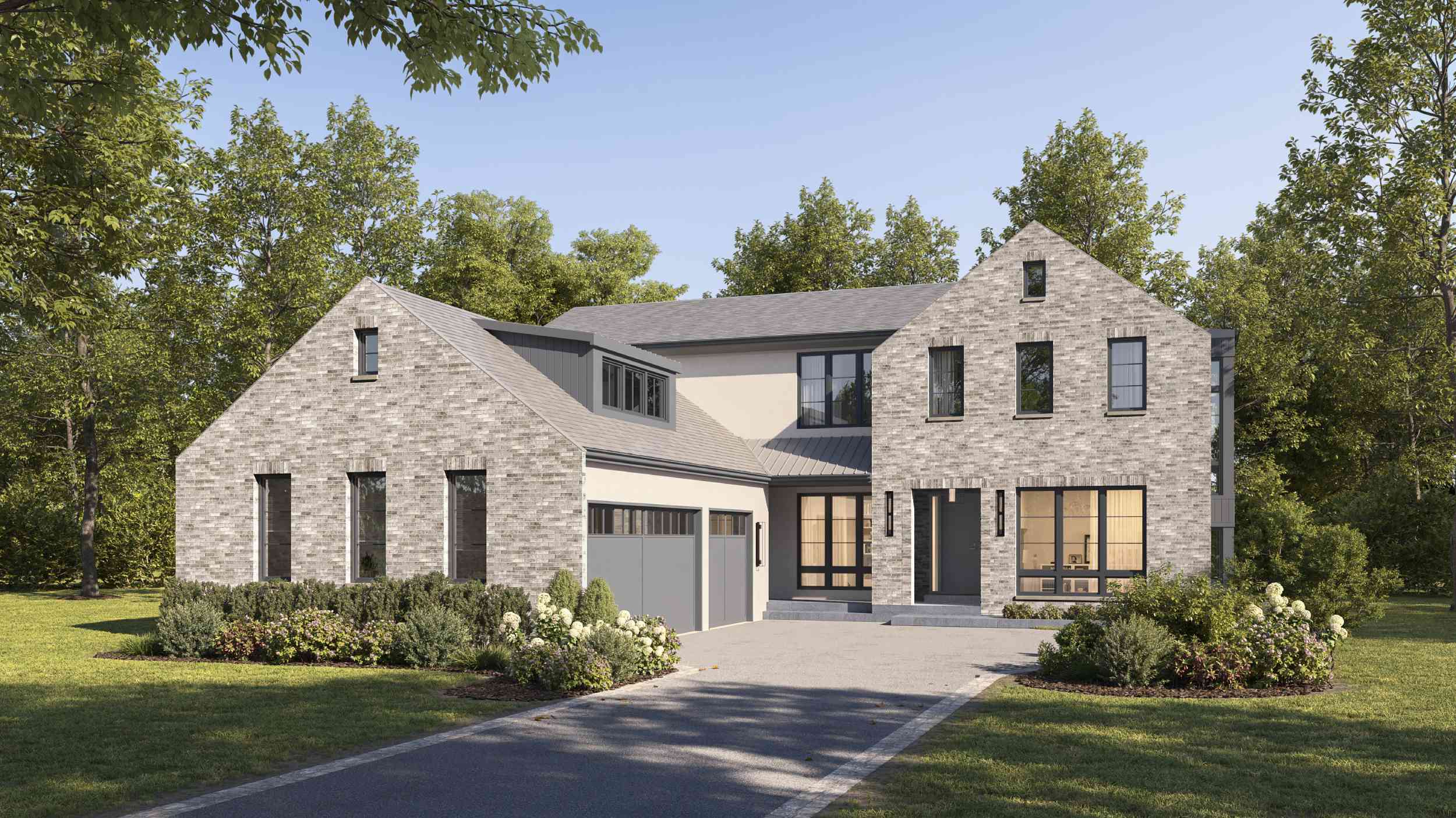 architectural rendering of the house in a daylight in grey color