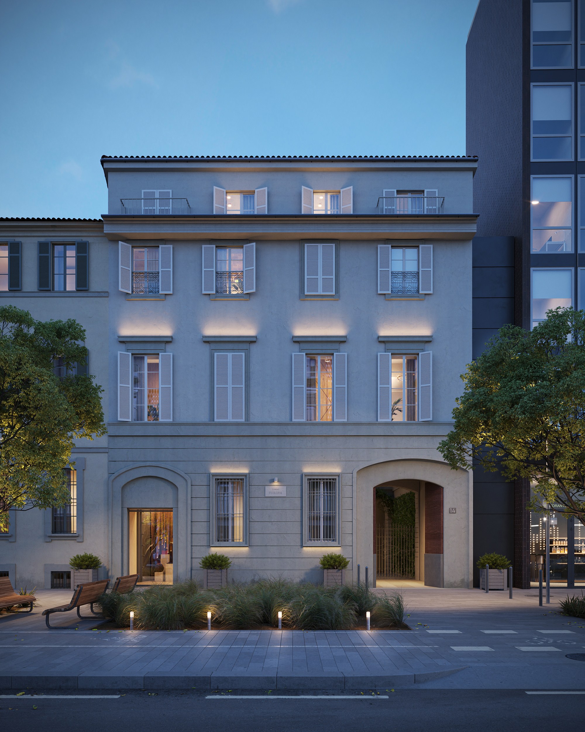 Außenputz des Gebäudes in der Dämmerung