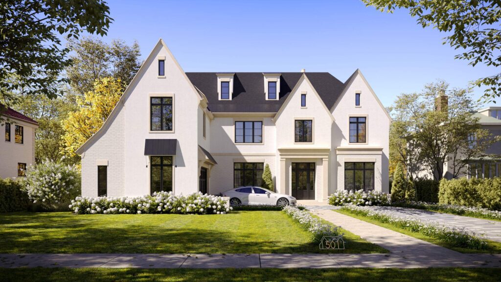 Rendu 3D extérieur d’une maison de style classique de couleur blanche
