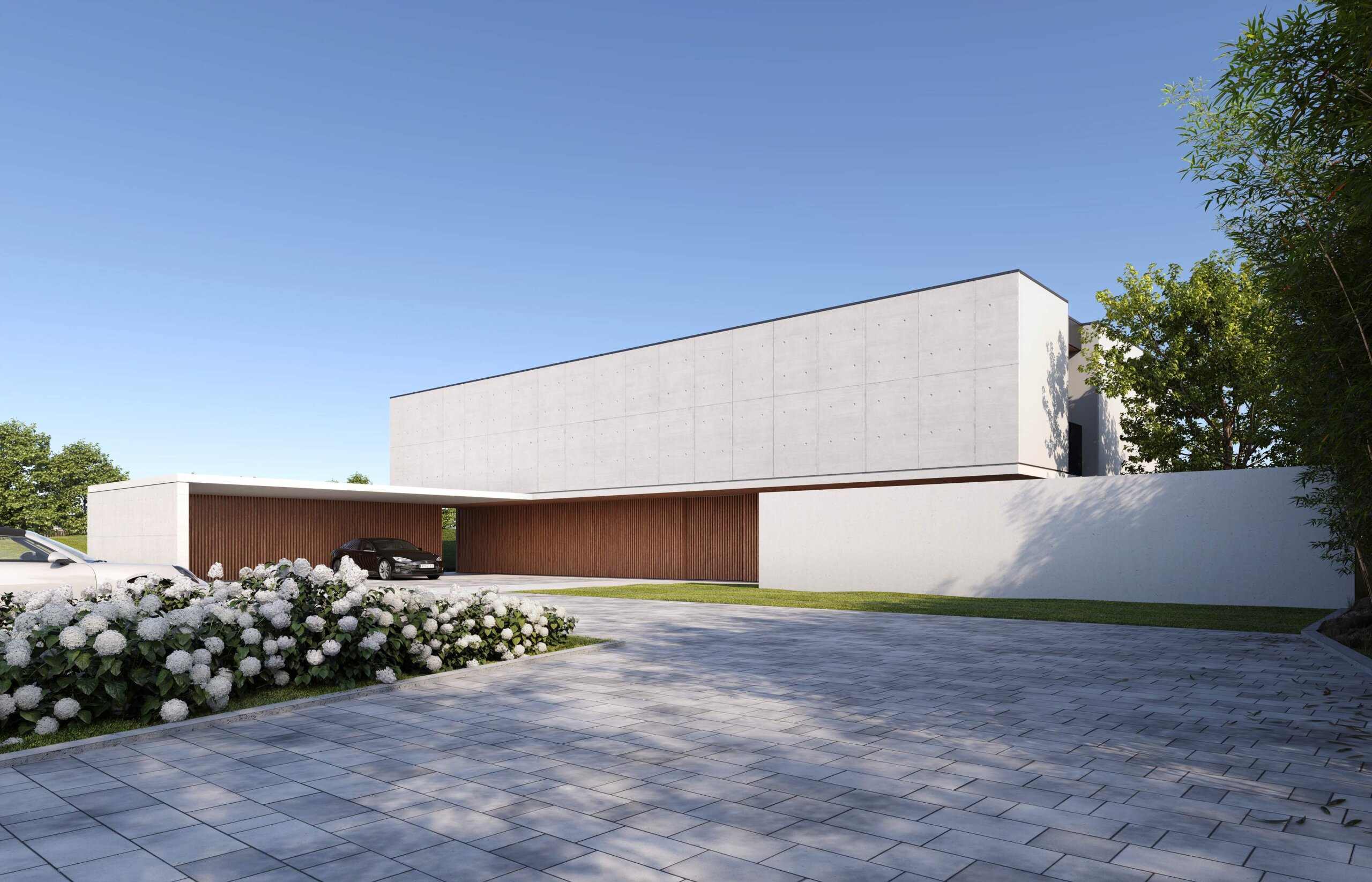 Außendarstellung eines weißen Bürogebäudes im Tageslicht