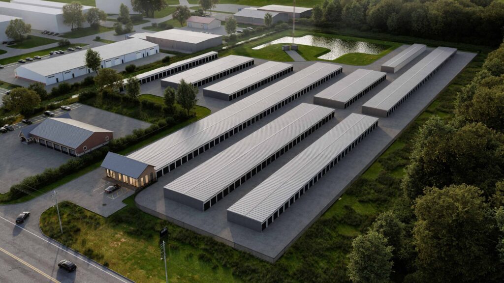 site plan rendering of factory with lake and surrounded with trees