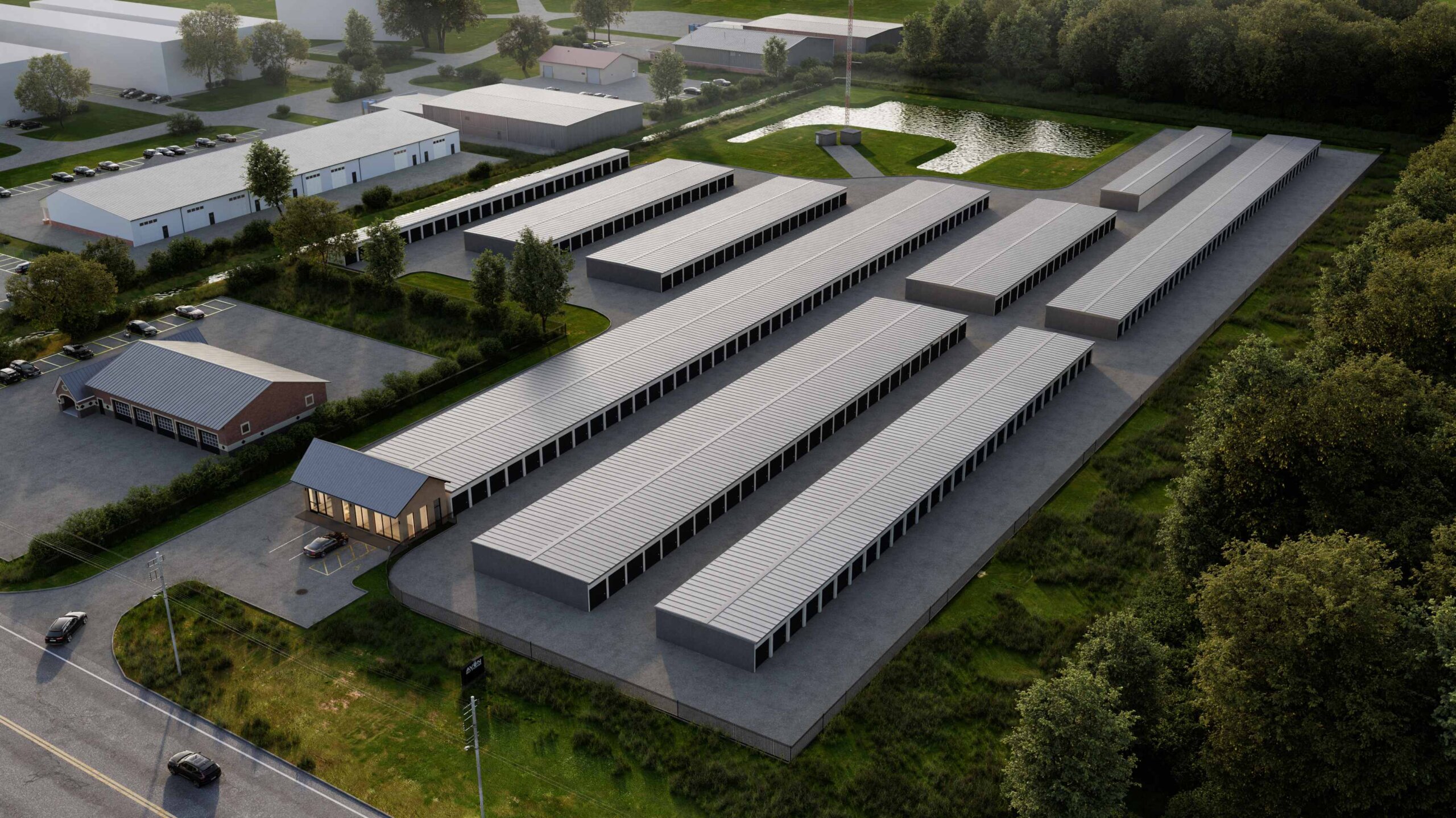 Lageplan einer Fabrik mit See und umgeben von Bäumen