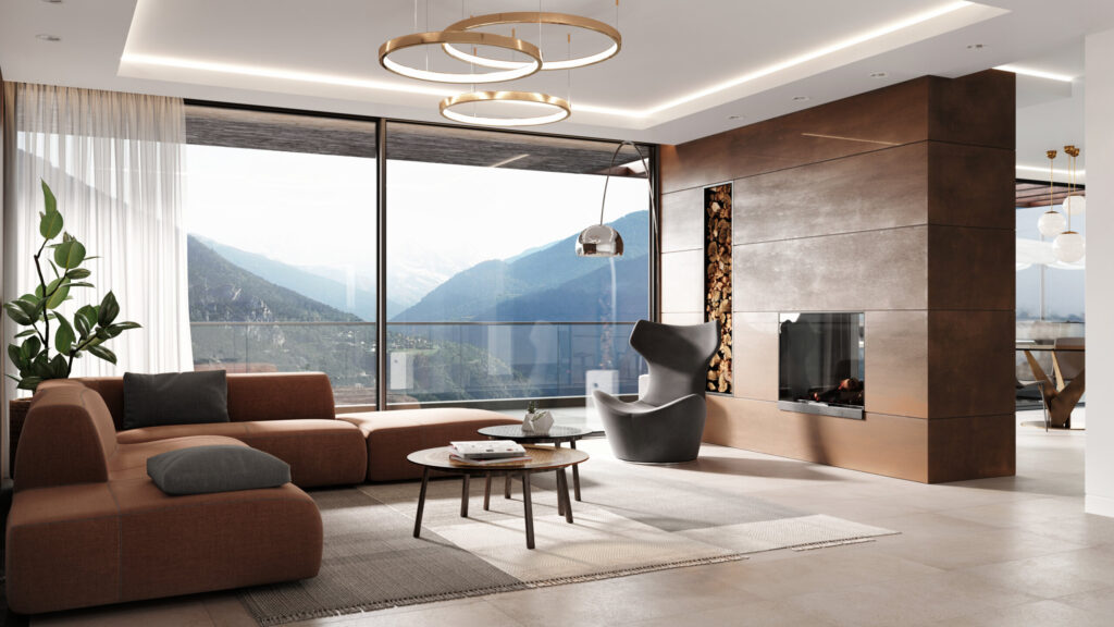 interior rendering of the living room with large windows wood details and view to the mountains