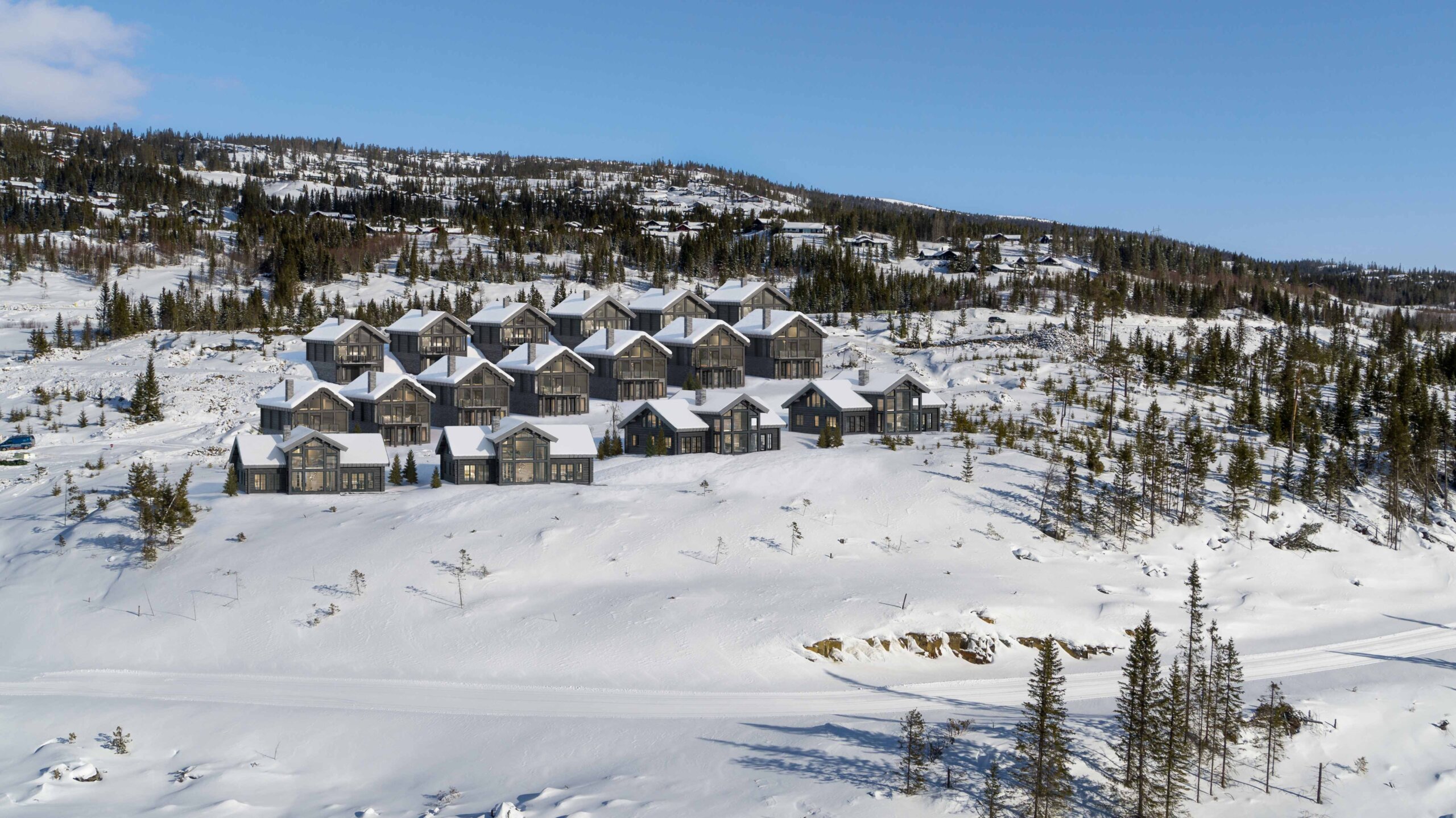 Lageplan-Rendering der Hütten im Wald im Winter