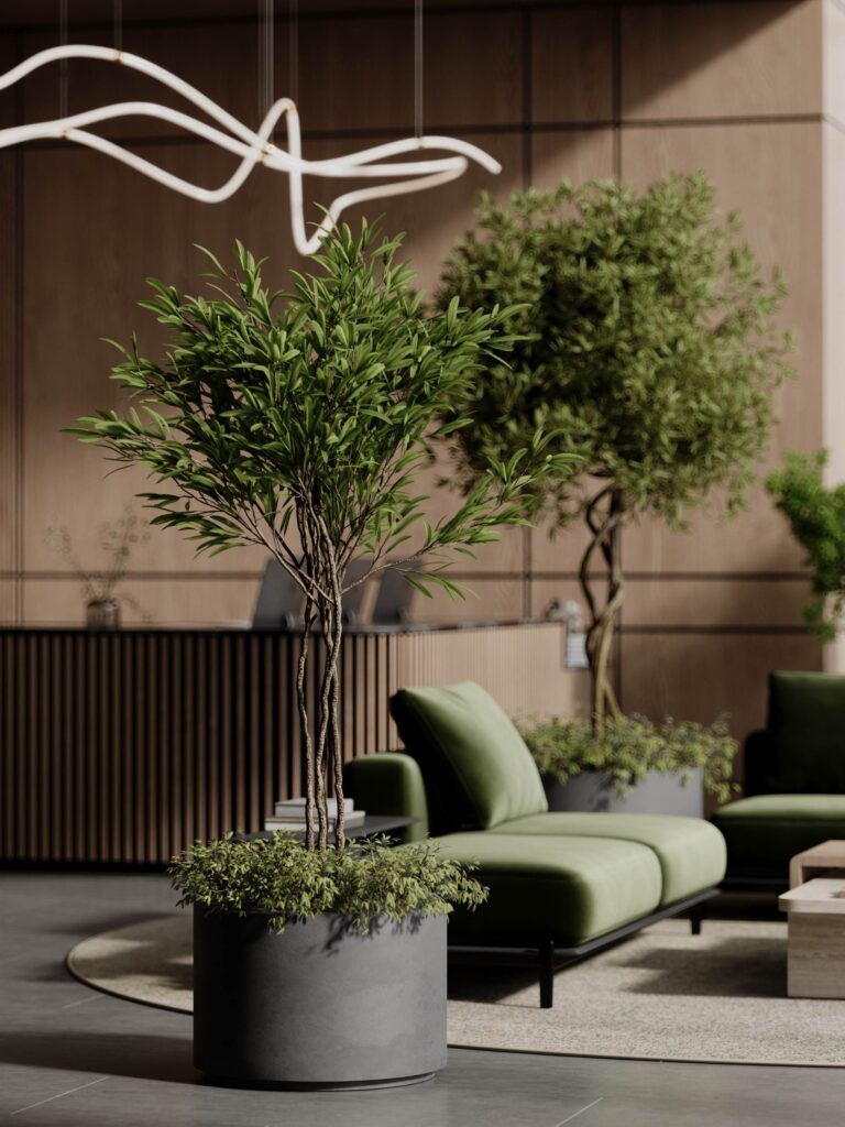 Produkt-Rendering einer grauen Schüssel mit Baum