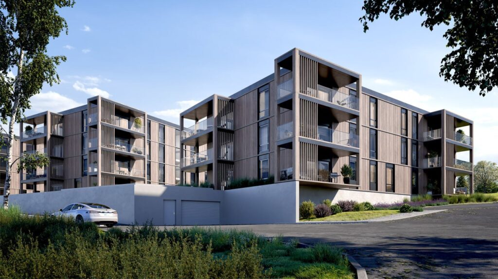 Rendering eines grauen Hauses bei Tageslicht